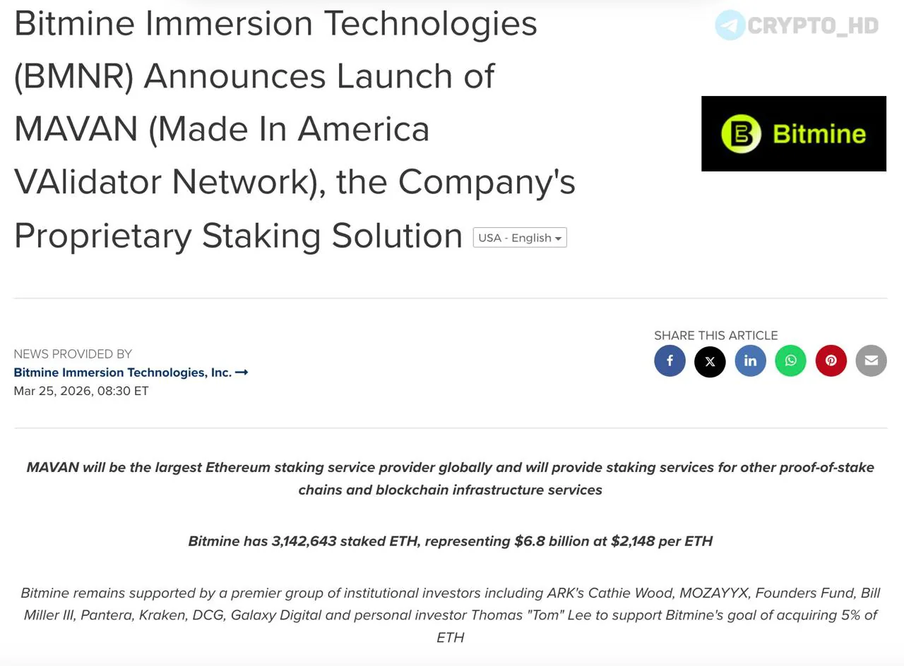 Компания Bitmine анонсировала платформу MAVAN для институционального стейкинга Ethereum