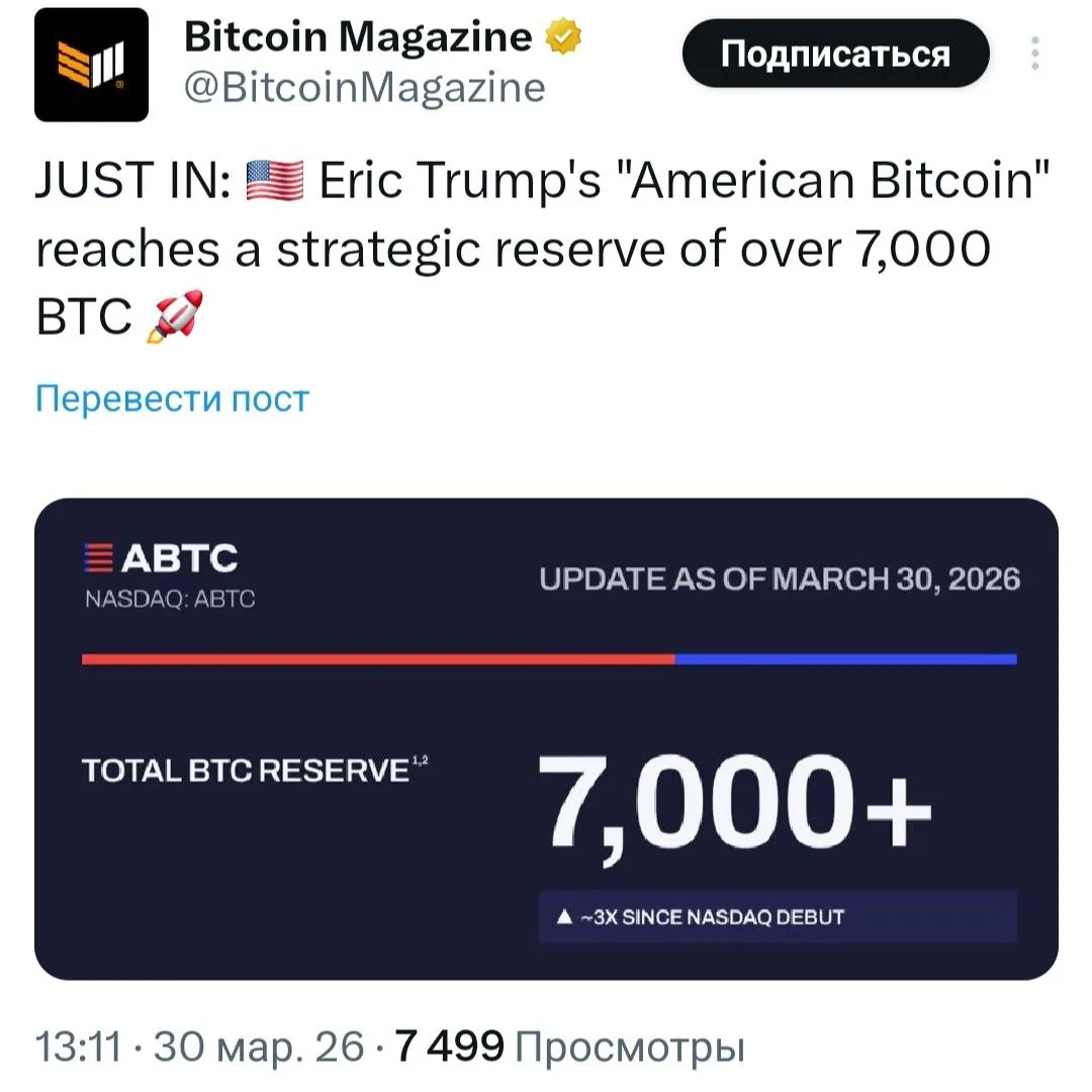 Компания American Bitcoin, связанная с Эриком Трампом, увеличила запас биткоинов до 7000 BTC