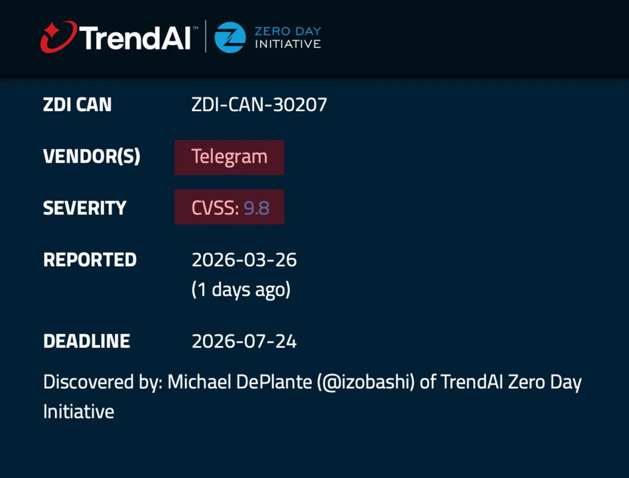 В Telegram выявлена критическая уязвимость «нулевого дня» с рейтингом опасности 9,8