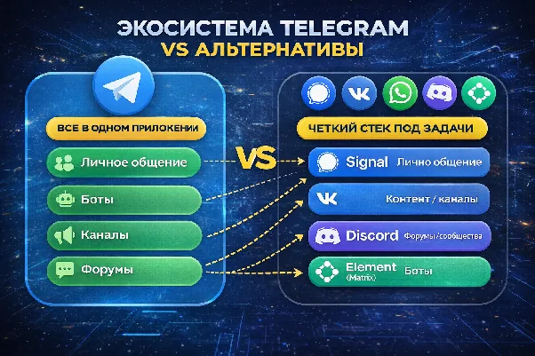 Иллюстрация 7 к материалу «Чем заменить Телеграмм в России кроме Макса: рабочие альтернативы в 2026»