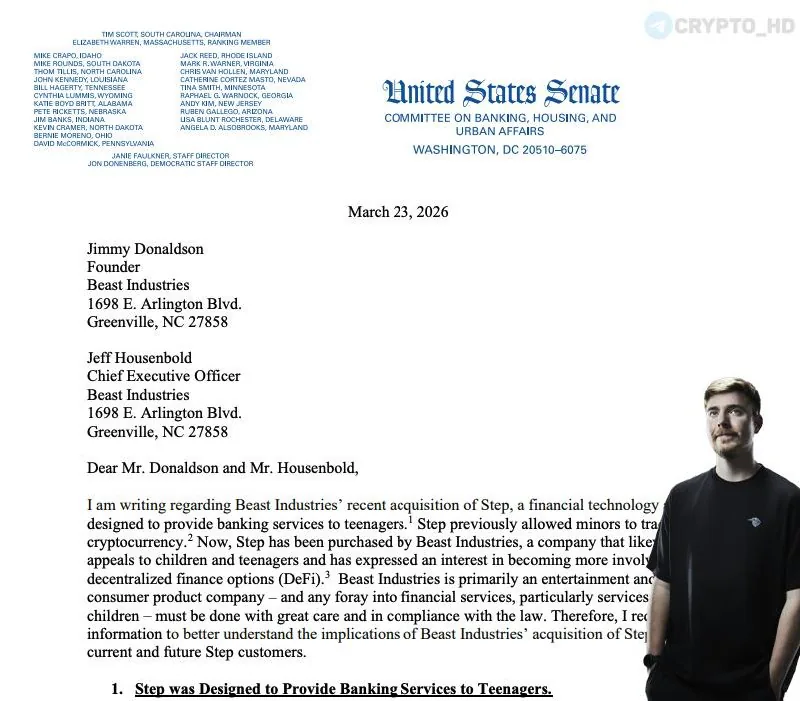 Сенат США потребовал от MrBeast раскрыть планы по криптовалютным функциям в приложении Step