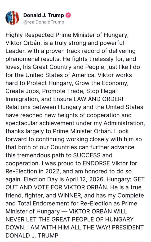 Дональд Трамп поддержал Виктора Орбана на предстоящих выборах в Венгрии