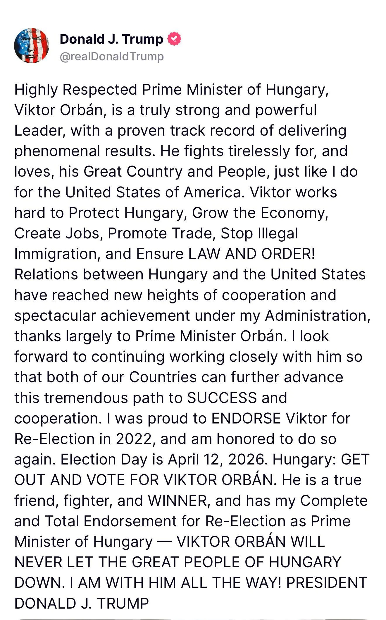 Дональд Трамп поддержал Виктора Орбана на предстоящих выборах в Венгрии