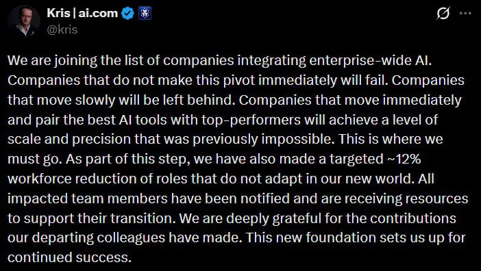 Руководитель Crypto.com анонсировал внедрение ИИ и сокращение штата на 12%