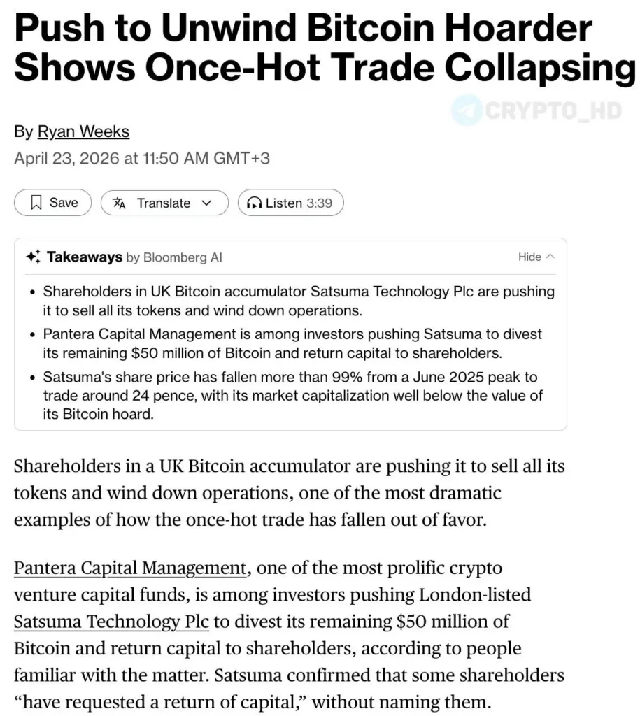 Pantera Capital требует продать биткоины на $50 млн у компании Satsuma Technology