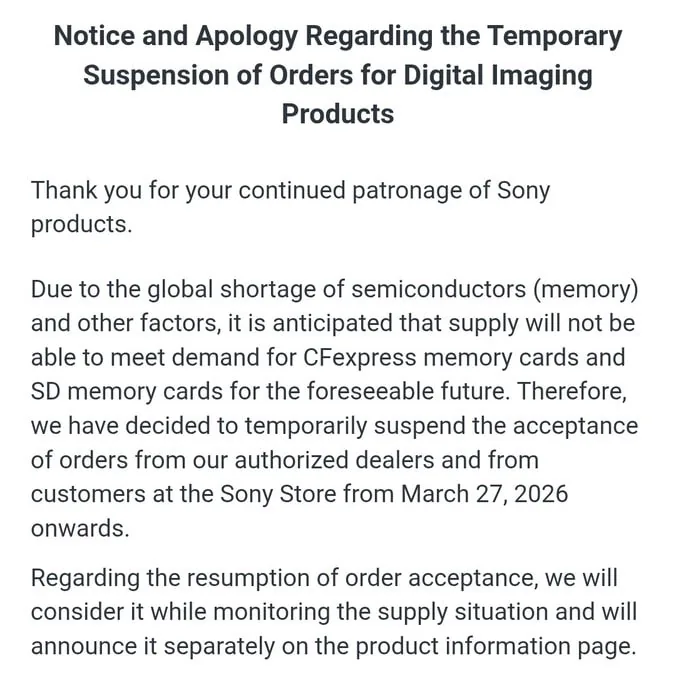Компания Sony временно приостанавливает продажи карт памяти из-за глобального дефицита накопителей SSD