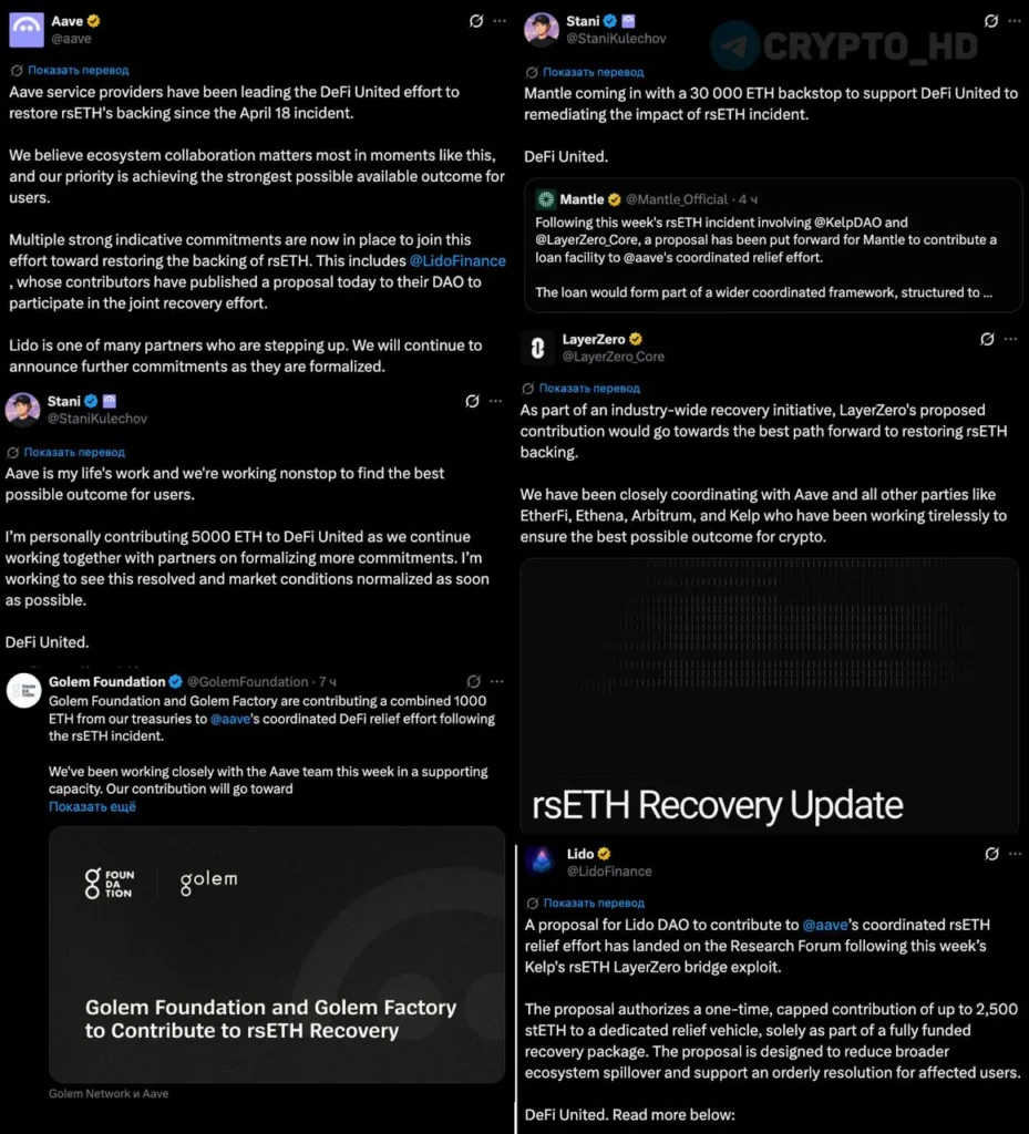 Крупные DeFi-проекты выделили 30 000 ETH для поддержки Aave после взлома KelpDAO