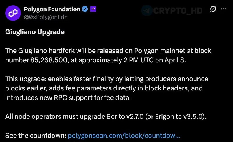 В сети Polygon 24 июля запланирован хардфорк Giugliano для ускорения финализации транзакций