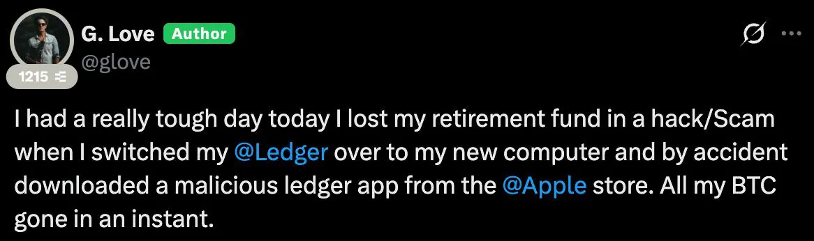 Американский музыкант потерял 5,9 BTC из-за мошеннического приложения Ledger