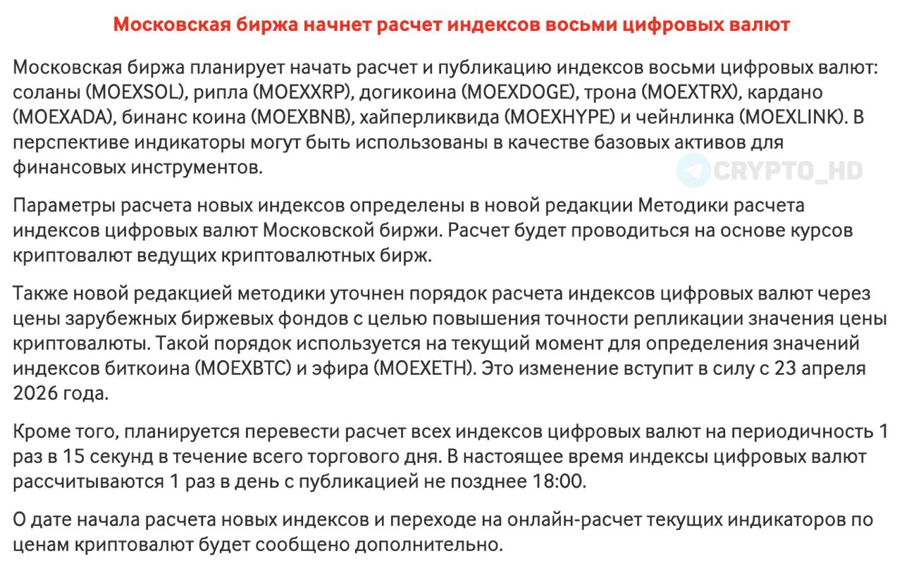 Московская биржа анонсировала запуск индексов по восьми криптовалютам