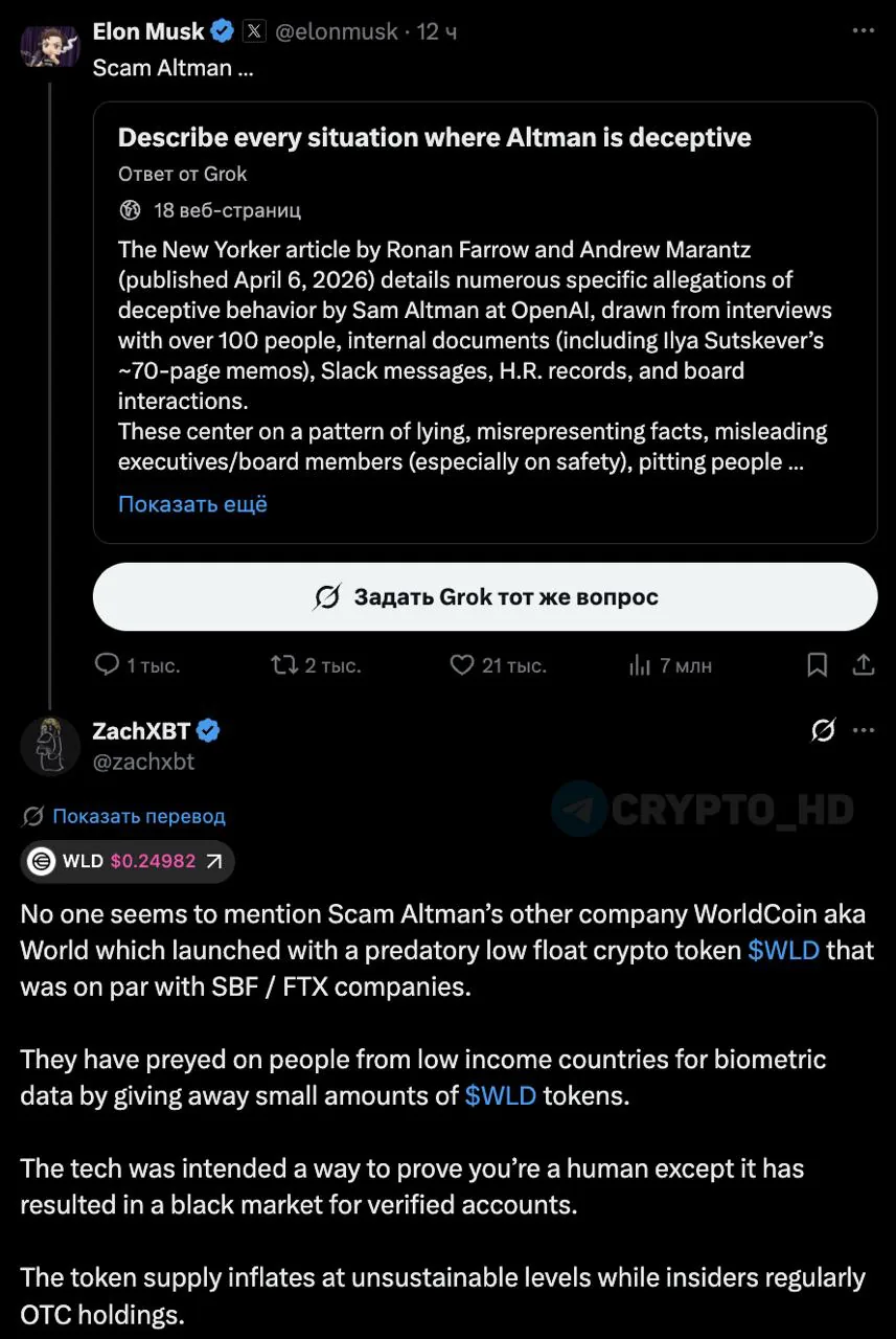 Илон Маск обвинил главу OpenAI Сэма Альтмана в мошенничестве, а проект Worldcoin столкнулся с критикой из-за токена WLD