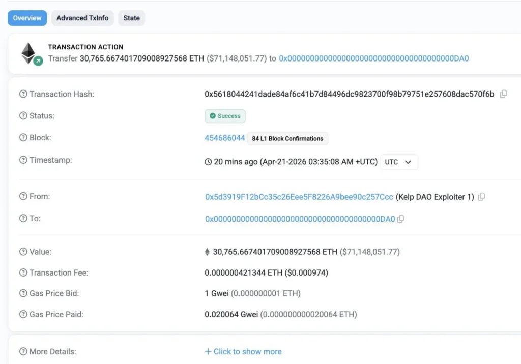 Arbitrum заморозил 30 766 ETH на $71,2 млн после атаки на KelpDAO