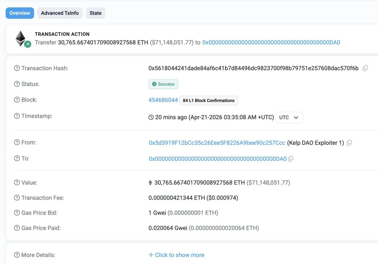 Arbitrum заморозил 30 766 ETH на $71,2 млн после атаки на KelpDAO