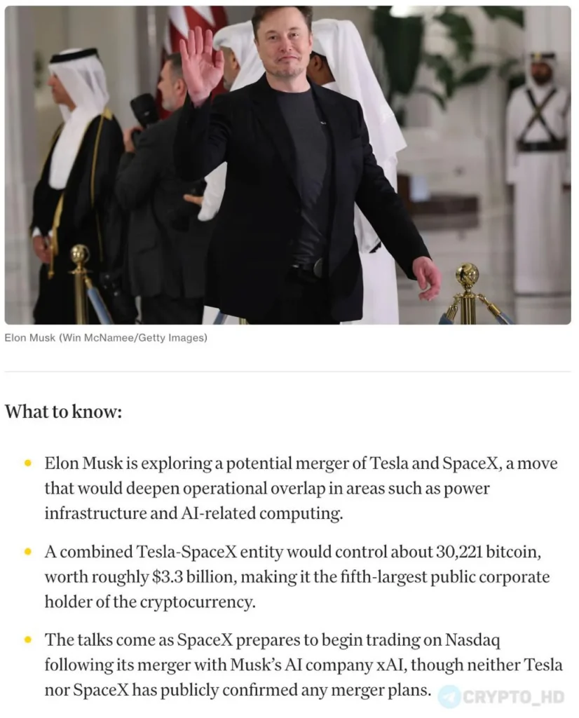 Объединение Tesla и SpaceX может вывести их в ТОП-5 корпоративных владельцев биткоина