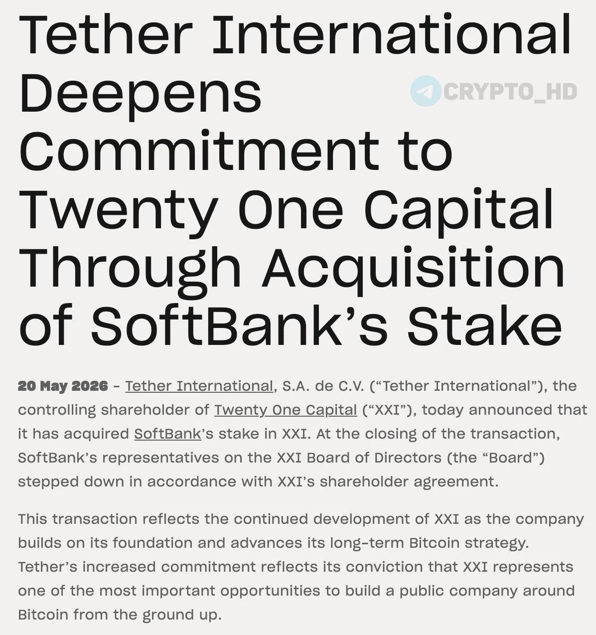 Tether выкупила долю в инвестиционной компании 21 Capital, специализирующейся на биткоине