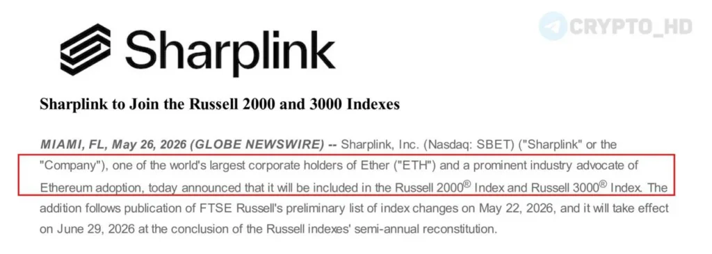 Акции SharpLink включены в индексы Russell 2000 и Russell 3000