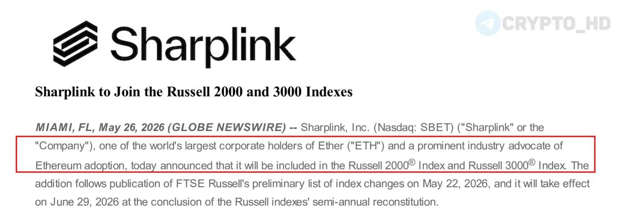 Акции SharpLink включены в индексы Russell 2000 и Russell 3000
