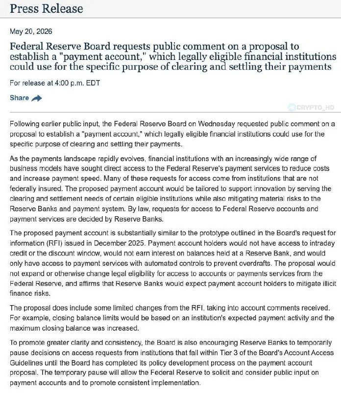 ФРС рассматривает создание специальных платежных счетов для криптокомпаний
