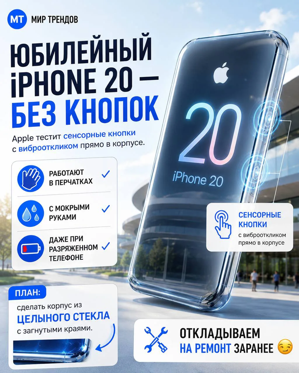 Apple может выпустить полностью сенсорный iPhone без физических кнопок