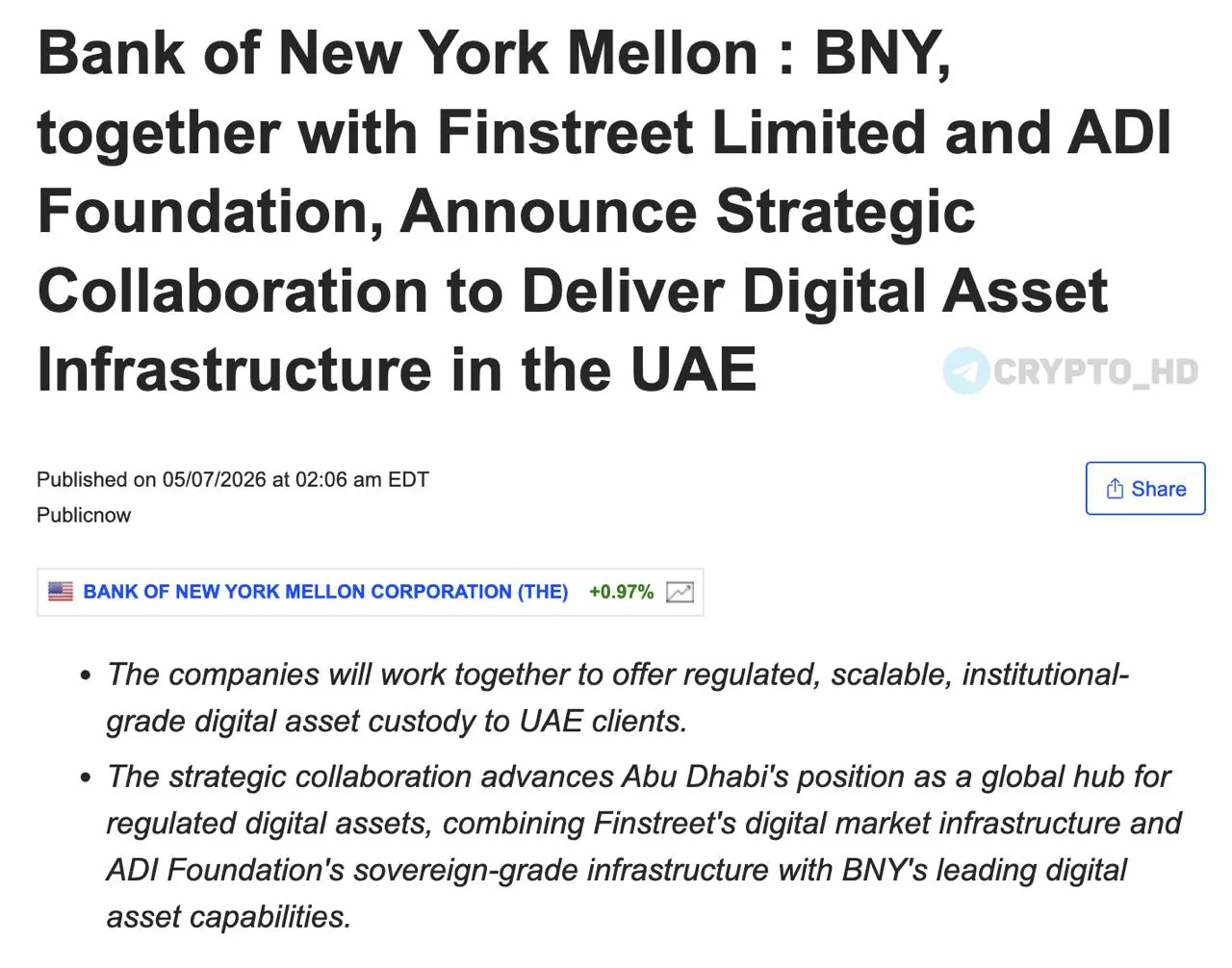 BNY Mellon начинает оказывать крипто-кастодиальные услуги в Объединённых Арабских Эмиратах