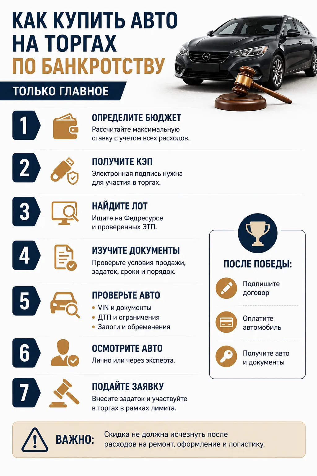 Инфографика: как купить автомобиль на торгах по банкротству по шагам
