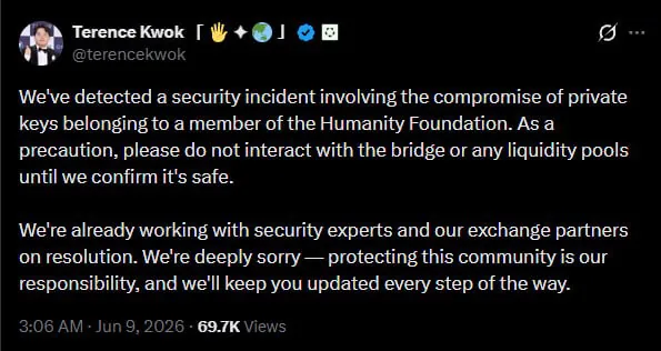 Взлом кошельков Humanity Protocol привёл к убыткам в $31 млн и обвалу токена H на 83%