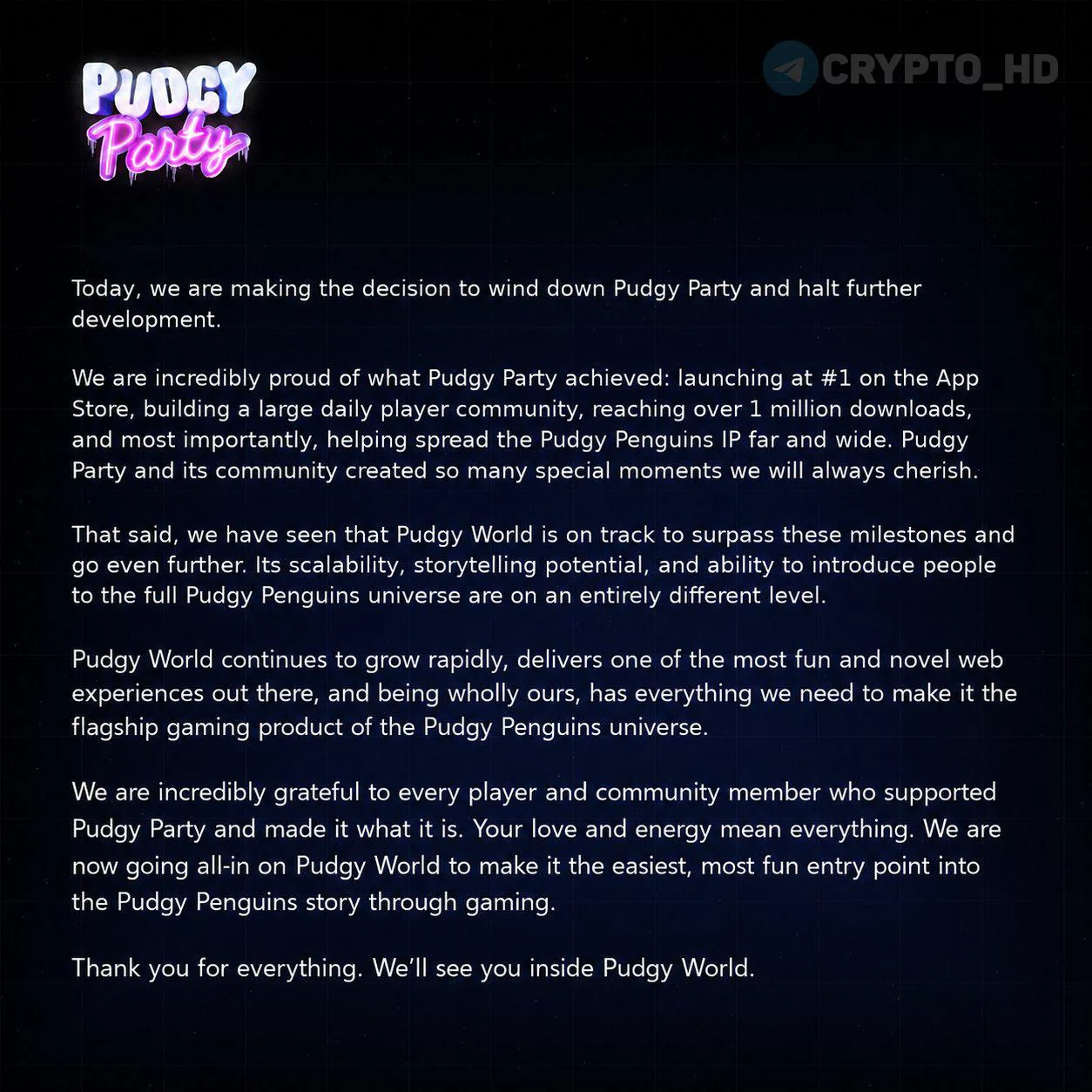 Разработчики Pudgy Penguins закрывают игру Pudgy Party ради сосредоточения на Pudgy World