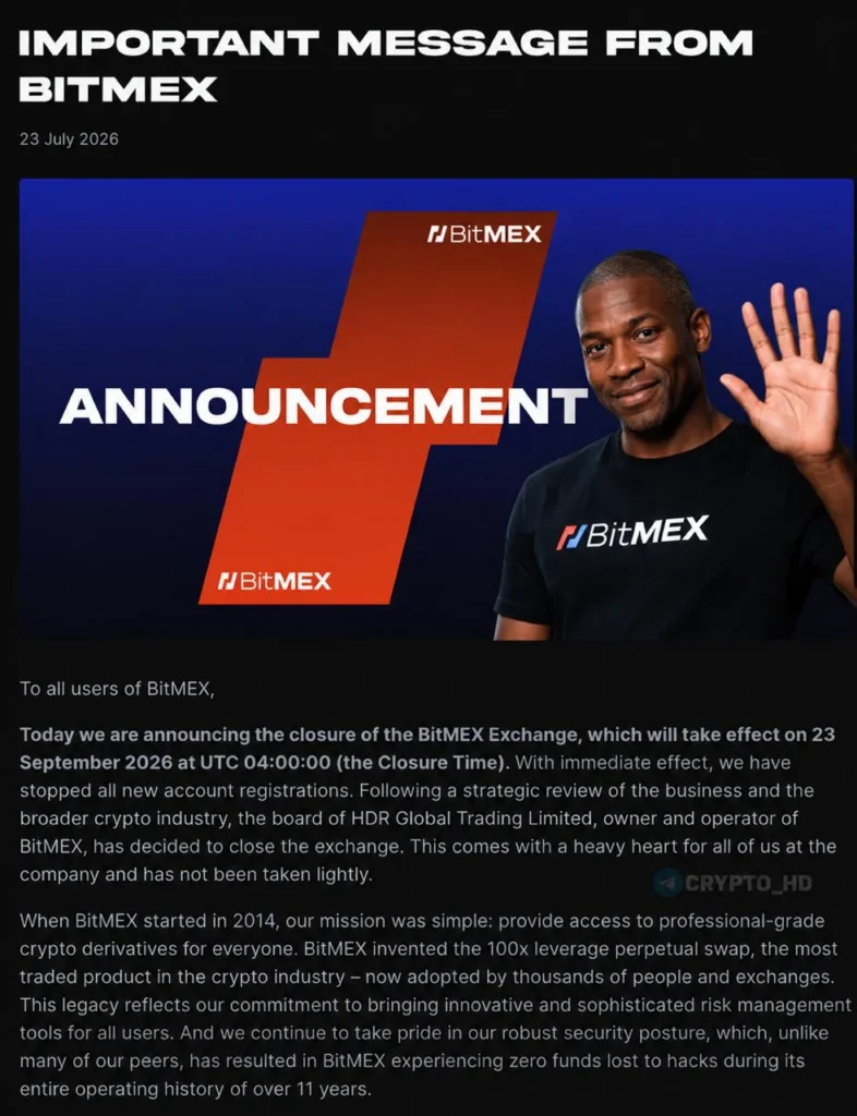 Криптобиржа BitMEX завершает работу: пользователям предстоит закрыть все позиции к сентябрю