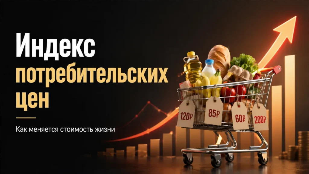 Индекс потребительских цен: корзина с товарами на фоне растущего графика