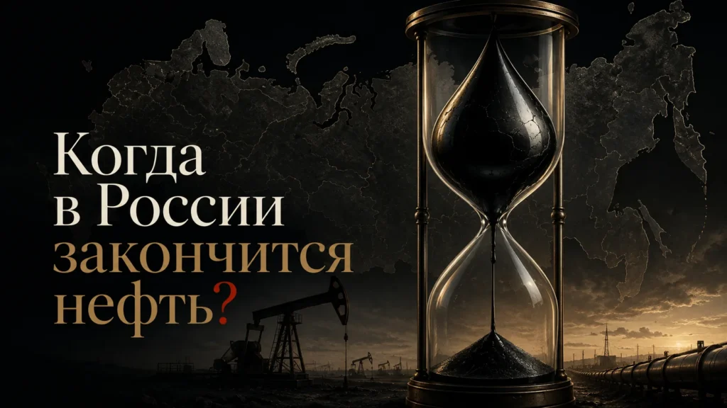 Когда закончится нефть в России: песочные часы с каплей нефти на фоне карты страны