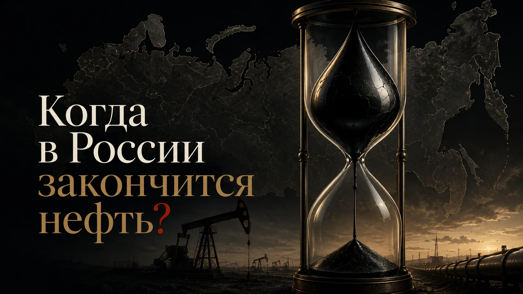 Когда закончится нефть в России: песочные часы с каплей нефти на фоне карты страны
