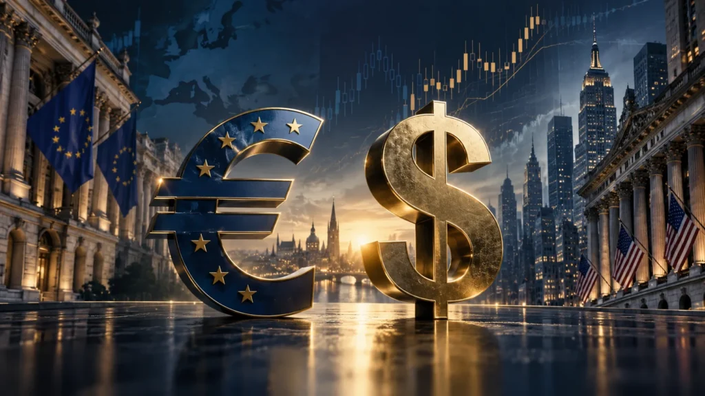 EUR/USD: символы евро и доллара на фоне европейского и американского финансовых центров