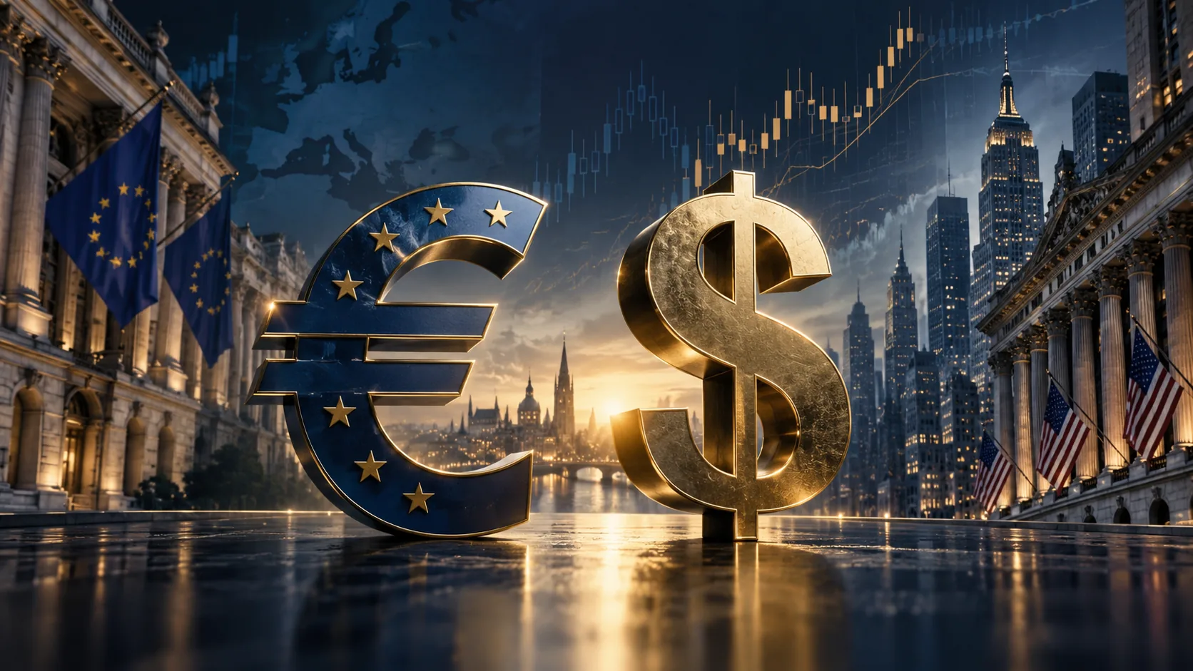 EUR/USD: символы евро и доллара на фоне европейского и американского финансовых центров