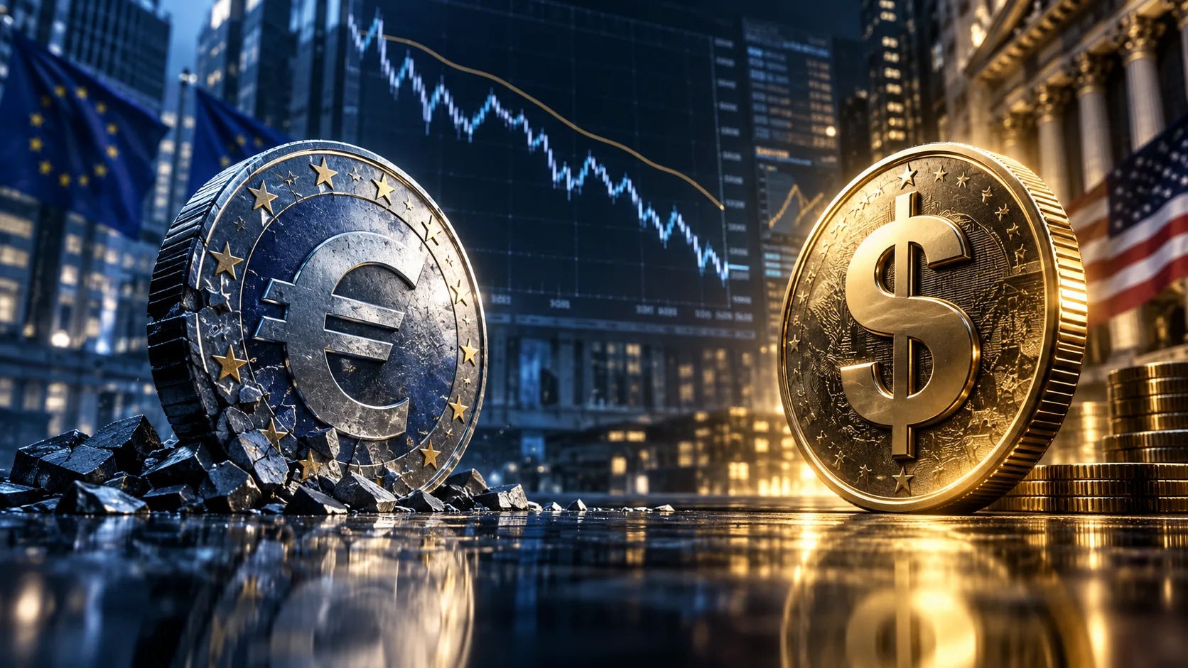 Евро и доллар на фоне снижающегося графика EUR/USD