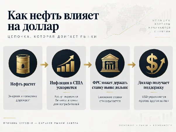 Как рост нефти поддерживает доллар через инфляцию и ожидания по ставке ФРС