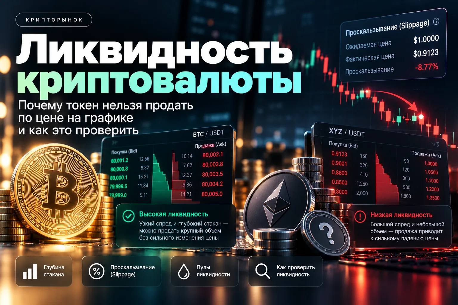 Ликвидность криптовалюты: стаканы ордеров, проскальзывание и глубина рынка